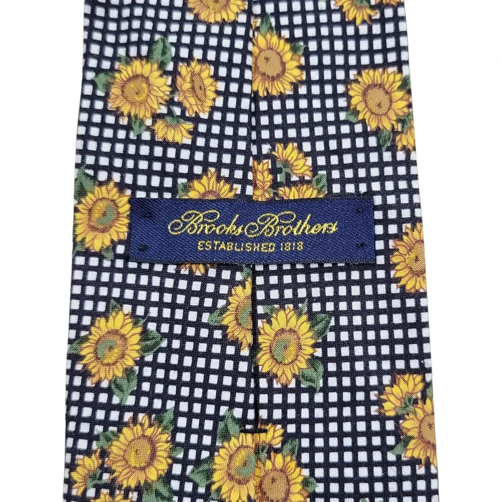 Brooks Brothers Sunflower Neck Tie Mens Black White Gingham Check 100% Cotton